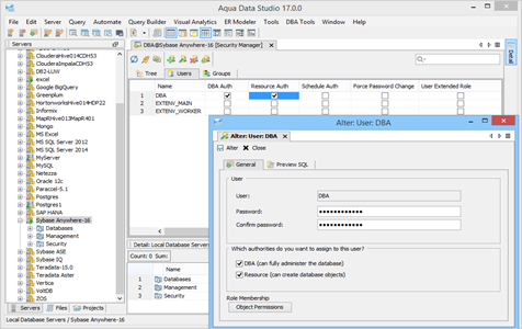 Sybase Anywhere DBA Tool Security Manager Users in Aqua Data Studio