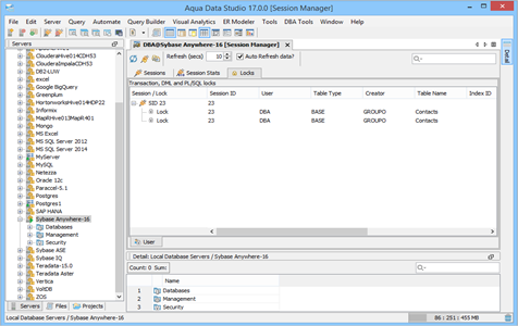 Sybase Anywhere DBA Tool Session Manager Locks in Aqua Data Studio