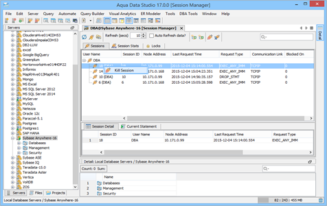 Sybase Anywhere DBA Tool Session Manager Sessions in Aqua Data Studio