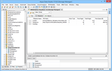Sybase Anywhere DBA Tool Storage Manager Dbspaces in Aqua Data Studio