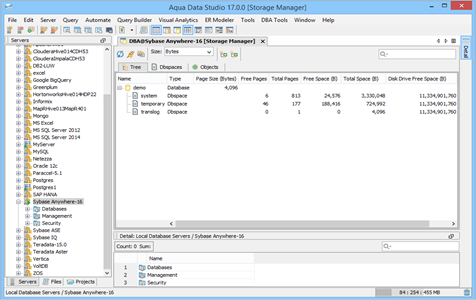 Sybase Anywhere DBA Tool Storage Manager Tree in Aqua Data Studio