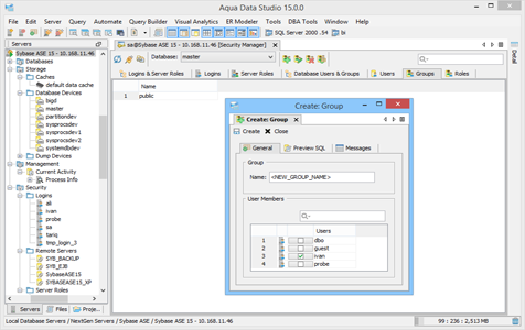 Sybase Ase DBA Tool Security Manager Groups in Aqua Data Studio