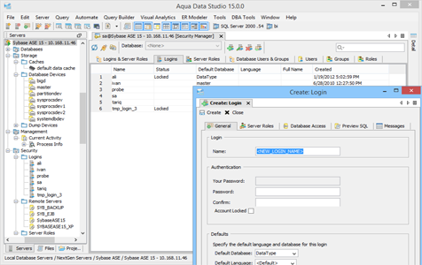Sybase Ase DBA Tool Security Manager Logins in Aqua Data Studio
