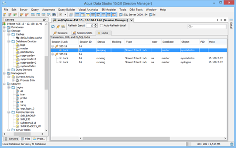 Sybase Ase DBA Tool Session Manager Locks in Aqua Data Studio