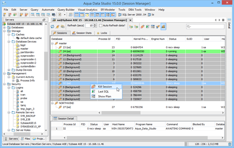 Sybase Ase DBA Tool Session Manager Sessions in Aqua Data Studio