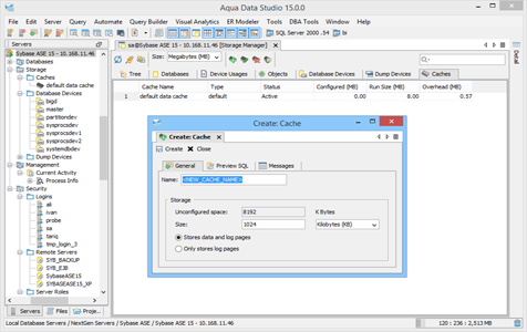 Sybase Ase DBA Tool Storage Manager Caches in Aqua Data Studio