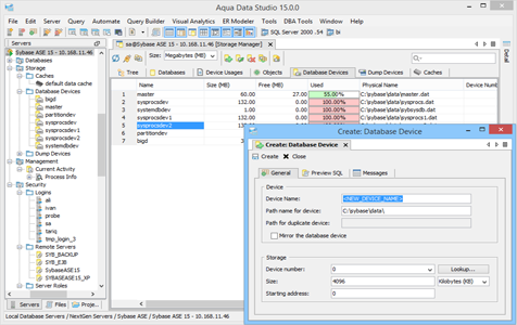 Sybase Ase DBA Tool Storage Manager Database Devices in Data Studio