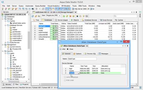 Sybase Ase DBA Tool Storage Manager Databases in Aqua Data Studio