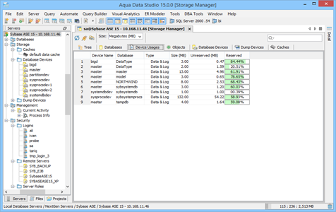 Sybase Ase DBA Tool Storage Manager Device Usages in Aqua Data Studio