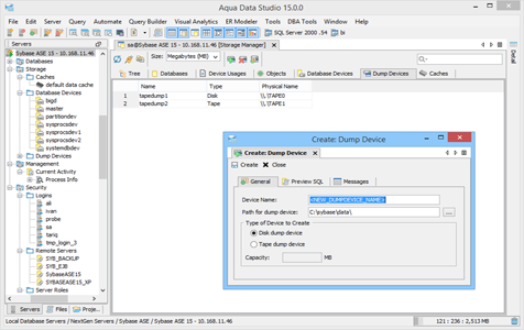 Sybase Ase DBA Tool Storage Manager Dump Devices in Aqua Data Studio