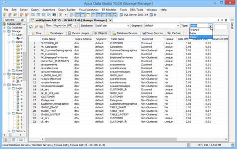 Sybase Ase DBA Tool Storage Manager Objects in Aqua Data Studio