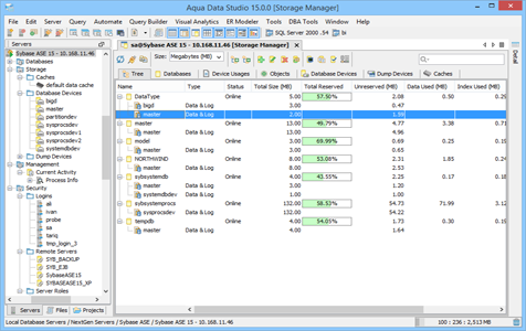 Sybase Ase DBA Tool Storage Manager Tree in Aqua Data Studio