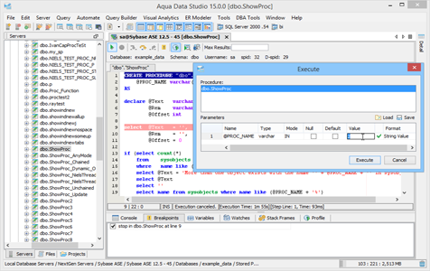 Sybase Ase SQL Debugger Execute Parameters in Aqua Data Studio