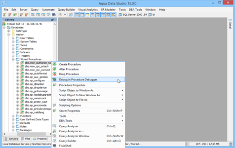 Sybase Ase SQL Debugger Right Click Menu in Aqua Data Studio