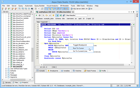 Sybase Ase SQL Debugger Run to Cursor in Aqua Data Studio