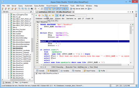 Sybase Ase SQL Debugger Step Over in Aqua Data Studio