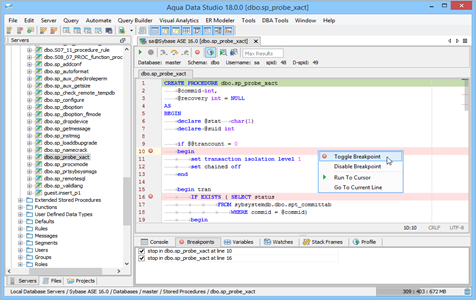 Sybase Ase SQL Debugger Toggle Breakpoints in Aqua Data Studio