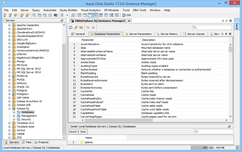 Sybase IQ DBA Tool Instance Manager Database Parameters in Data Studio