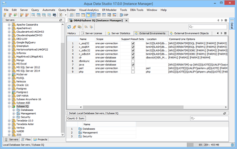 Sybase IQ DBA Tool Instance Manager Ext Environments in Data Studio