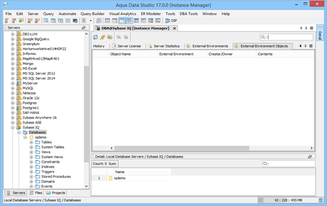 Sybase IQ DBA Tool Instance Ext Environments Objects in Data Studio
