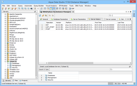 Sybase IQ DBA Tool Instance Manager Server History in Aqua Data Studio