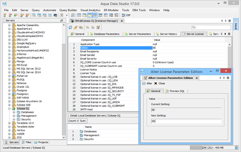 Sybase IQ DBA Tool Instance Manager Server License in Aqua Data Studio