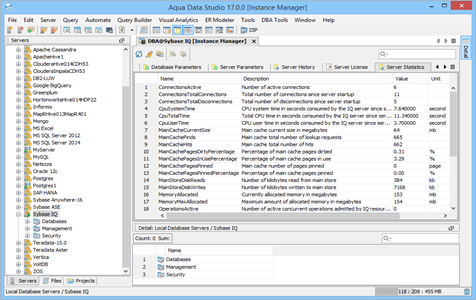 Sybase IQ DBA Tool Instance Manager Server Statistics in Data Studio