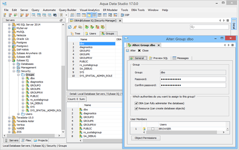 Sybase IQ DBA Tool Security Manager Groups in Aqua Data Studio