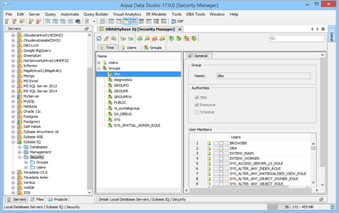 Sybase IQ DBA Tool Security Manager Tree in Aqua Data Studio