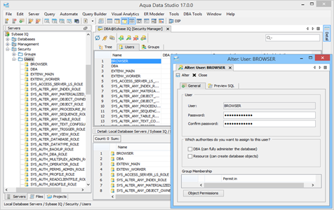 Sybase IQ DBA Tool Security Manager Users in Aqua Data Studio