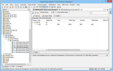 Sybase IQ DBA Tool Session Manager Locks in Aqua Data Studio