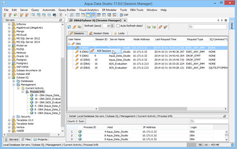 Sybase IQ DBA Tool Session Manager Sessions in Aqua Data Studio