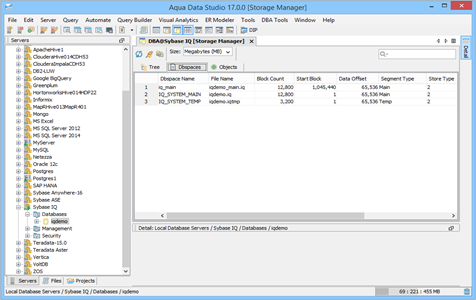 Sybase IQ DBA Tool Storage Manager Dbspaces in Aqua Data Studio