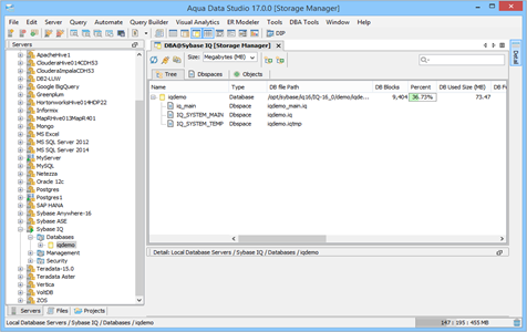 Sybase IQ DBA Tool Storage Manager Tree in Aqua Data Studio