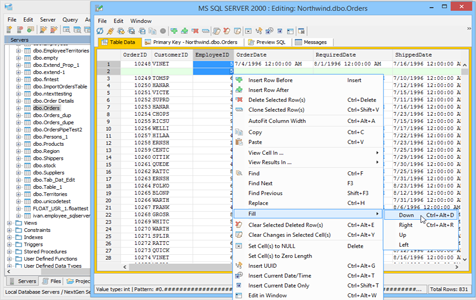 Table Data Editor Fill Down in Aqua Data Studio