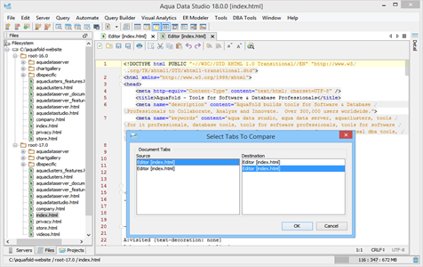 Tabs Compare Select Tabs in Aqua Data Studio