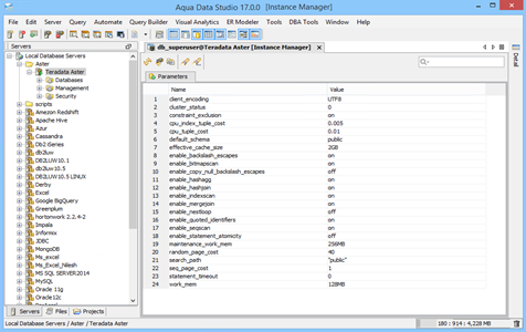 Teradata Aster DBA Tool Instance Manager Parameters in Data Studio