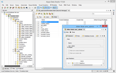 Teradata Aster DBA Tool Security Manager Roles in Aqua Data Studio