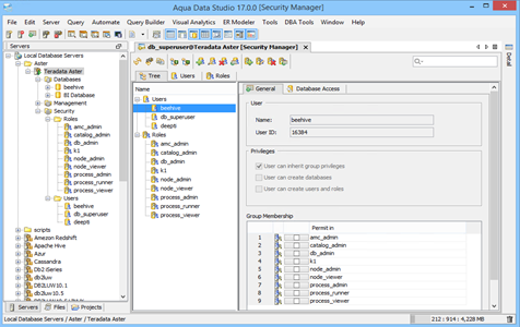 Teradata Aster DBA Tool Security Manager Tree in Aqua Data Studio
