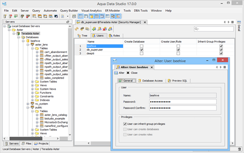 Teradata Aster DBA Tool Security Manager Users in Aqua Data Studio