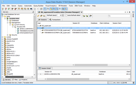 Teradata Aster DBA Tool Session Manager Sessions in Aqua Data Studio