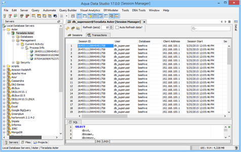 Teradata Aster DBA Tool Session Manager Transactions in Data Studio