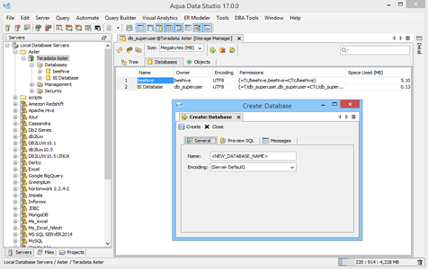 Teradata Aster DBA Tool Storage Manager Databases in Aqua Data Studio