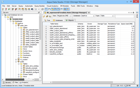 Teradata Aster DBA Tool Storage Manager Objects in Aqua Data Studio