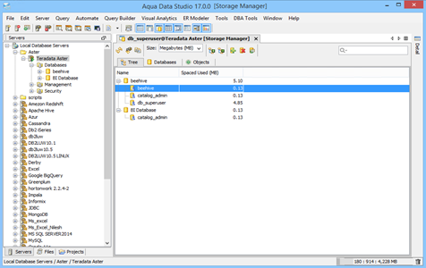 Teradata Aster DBA Tool Storage Manager Tree in Aqua Data Studio