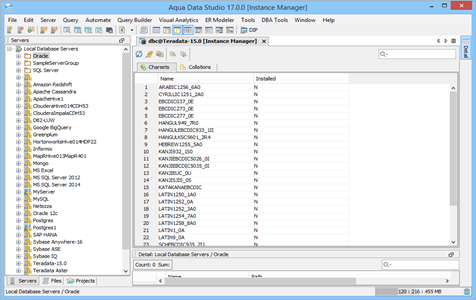 Teradata DBA Tool Instance Manager Charsets in Aqua Data Studio