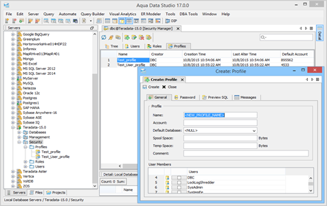 Teradata DBA Tool Security Manager Profile in Aqua Data Studio