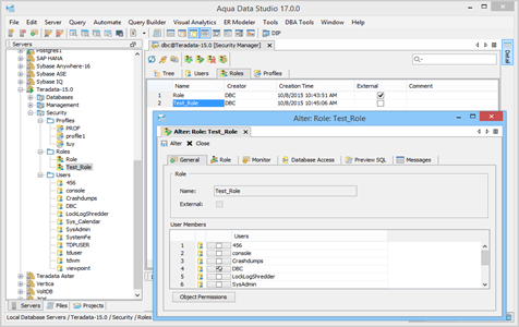 Teradata DBA Tool Security Manager Roles in Aqua Data Studio