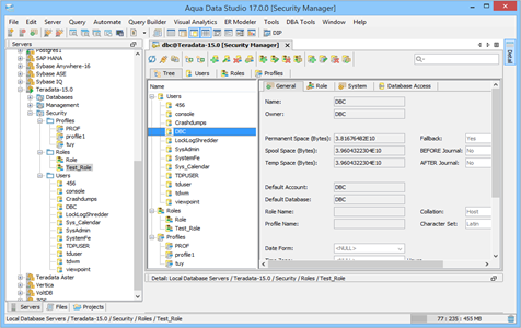 Teradata DBA Tool Security Manager Tree in Aqua Data Studio