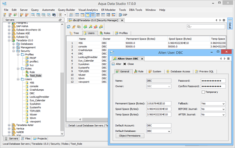 Teradata DBA Tool Security Manager Users in Aqua Data Studio